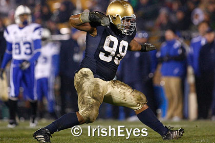 Trevor Laws celebrates a sack against Duke in his final game in Notre Dame Stadium