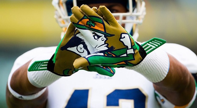 A general view of the gloves worn by Notre Dame players at the Aviva Stadium, Dublin (Ken Sutton/Colorsport/Icon SMI)