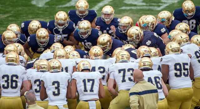 The Notre Dame Fighting Irish huddle before the Blue-Gold Game at Notre Dame Stadium. Mandatory Credit: Matt Cashore-USA TODAY Sports