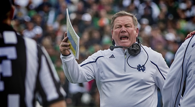 Brian Kelly is getting used to dealing with the occasional absurdity of the coverage of Notre Dame football (Photo: Robin Alam / Icon SMI) 