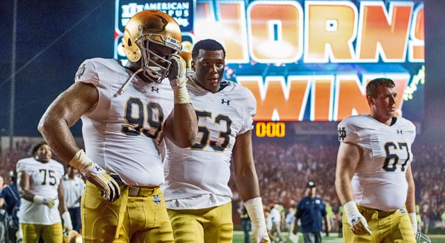 Despite some missed tackles, Jerry Tillery graded out quite well for Notre Dame. (Photo: Matt Cashore-USA TODAY Sports)