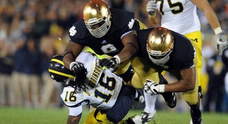 Stephon Tuitt and Louis Nix combine on a hit on former Michigan QB Denard Robnson
