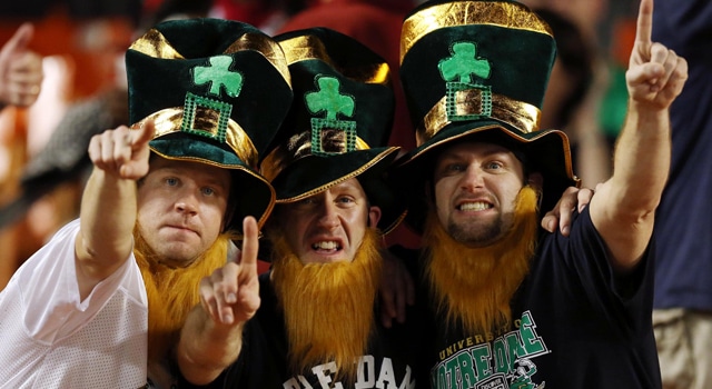 Notre Dame Fighting Irish fans cheer from the stands during the first half of the 2013 BCS Championship game against the Alabama Crimson Tide at Sun Life Stadium. Mandatory Credit: Matthew Emmons-USA TODAY Sports