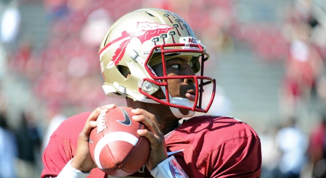 Florida State Seminoles quarterback Jameis Winston (5) warms up before the start of the game against the Maryland Terrapins at Doak Campbell Stadium. Mandatory Credit: Melina Vastola-USA TODAY Sports