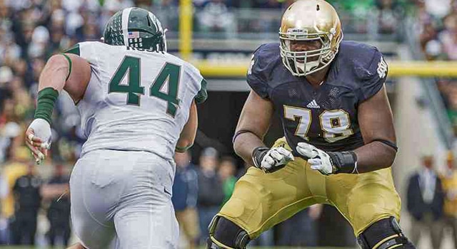 Notre Dame Fighting Irish offensive tackle Ronnie Stanley (78) battles with Michigan State Spartans defensive end Marcus Rush (44) in action during the 2013 game between the Notre Dame and Michigan State. Notre Dame won the game by a score of 17-13. (Photo: Robin Alam / Icon SMI). 