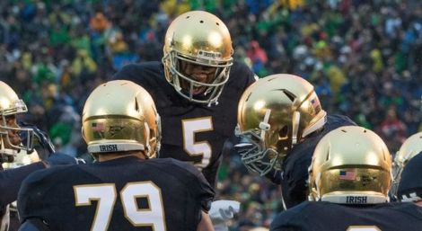 Oct 4, 2014; South Bend, IN, USA; Notre Dame Fighting Irish quarterback Everett Golson (5) reacts after throwing a touchdown pass in the fourth quarter against the Stanford Cardinal at Notre Dame Stadium. Notre Dame won 17-14. Mandatory Credit: Matt Cashore-USA TODAY Sports