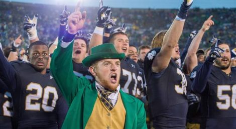 Oct 4, 2014; South Bend, IN, USA; The Notre Dame leprechaun cheers after the Notre Dame Fighting Irish defeated the Stanford Cardinal 17-14 at Notre Dame Stadium. Mandatory Credit: Matt Cashore-USA TODAY Sports