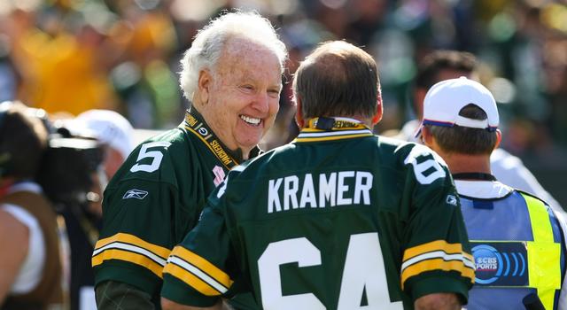 Oct 2, 2011; Green Bay, WI, USA; Former Green Bay Packers Paul Hornung (5) and Jerry Kramer (64) talk prior to the game against the Denver Broncos at Lambeau Field. The Packers defeated the Broncos 49-23. Mandatory Credit: Brace Hemmelgarn-USA TODAY Sports