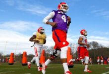 Mar 3, 2015; Clemson, SC, USA; Clemson Tigers quarterback Deshaun Watson (4) works out with the team during spring practices. Mandatory Credit: Joshua S. Kelly-USA TODAY Sports