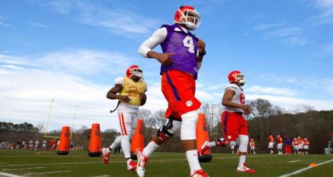 Mar 3, 2015; Clemson, SC, USA; Clemson Tigers quarterback Deshaun Watson (4) works out with the team during spring practices. Mandatory Credit: Joshua S. Kelly-USA TODAY Sports