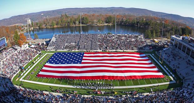 Nov 17, 2012; West Point, NY, USA; A large American flag is displayed by West Point cadets during halftime ceremonies honoring the military during a game between the Army Black Knights and Temple Owls at Michie Stadium. Mandatory Credit: Danny Wild-USA TODAY Sports