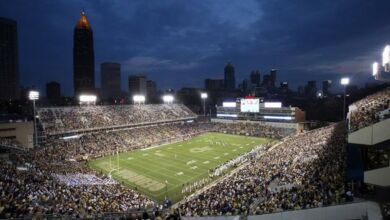 Sep 3, 2015; Atlanta, GA, USA; The sun sets over the Atlanta skyline as Georgia Tech Yellow Jackets watch their team play in the first quarter of their game against the Alcorn State Braves at Bobby Dodd Stadium. Mandatory Credit: Jason Getz-USA TODAY Sports