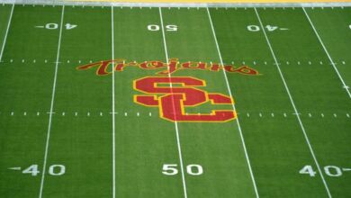 Oct 8, 2015; Los Angeles, CA, USA; General view of the Southern California Trojans logo midfield before the NCAA football game against the Washington Huskies at Los Angeles Memorial Coliseum. Mandatory Credit: Kirby Lee-USA TODAY Sports
