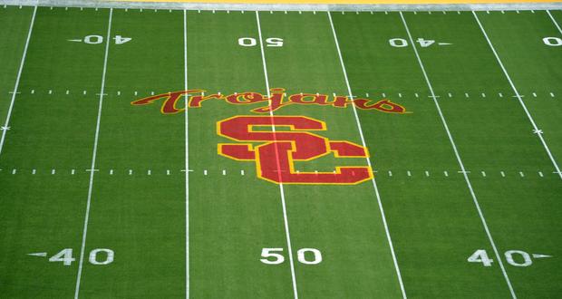 Oct 8, 2015; Los Angeles, CA, USA; General view of the Southern California Trojans logo midfield before the NCAA football game against the Washington Huskies at Los Angeles Memorial Coliseum. Mandatory Credit: Kirby Lee-USA TODAY Sports