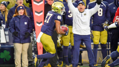 Notre Dame CB Julian Love returns an INT for a TD against NC State
