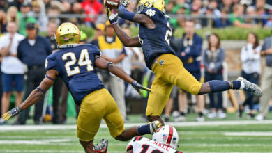 Notre Dame S Jalen Elliott with one of two INTs vs. Ball State.