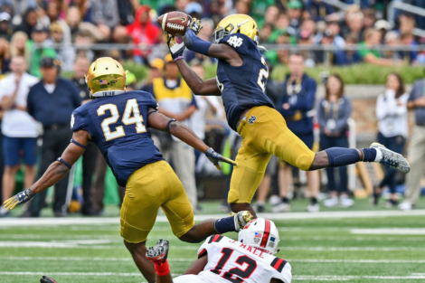 Notre Dame S Jalen Elliott with one of two INTs vs. Ball State.