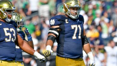 Notre Dame OG and captain Alex Bars (71) has been lost for the year.