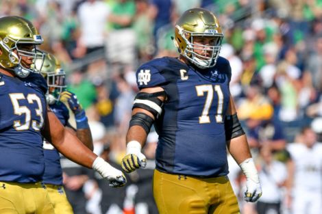 Notre Dame OG and captain Alex Bars (71) has been lost for the year.