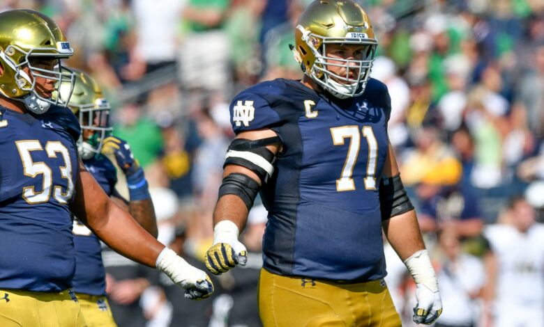 Notre Dame OG and captain Alex Bars (71) has been lost for the year.