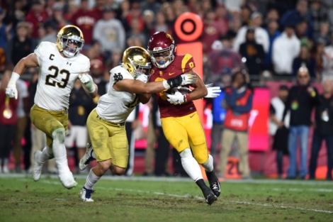 Notre Dame S Alohi Gilman forces a fumble against USC