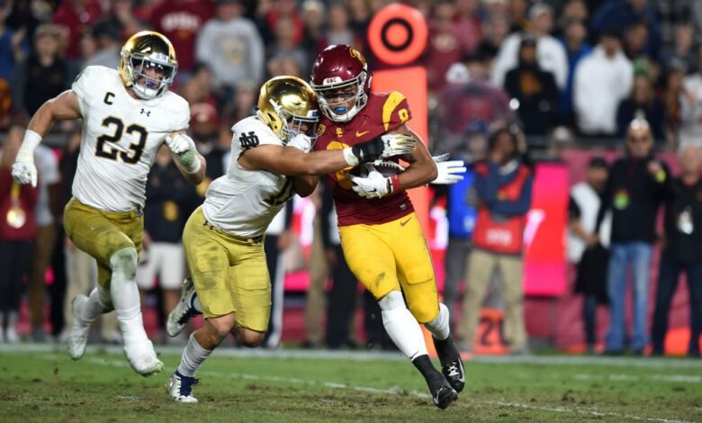 Notre Dame S Alohi Gilman forces a fumble against USC