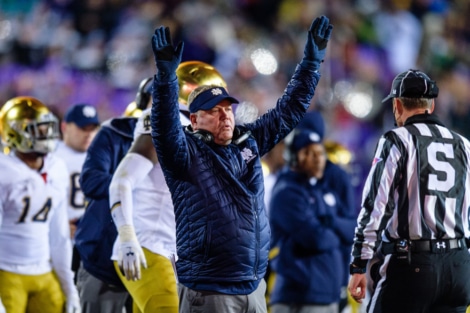 Notre Dame head coach Brian Kelly celebrates a Notre Dame TD vs. Northwestern.