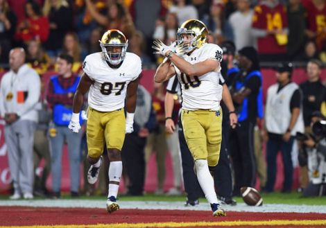 Notre Dame WR Chris Finke celebrates his TD versus USC
