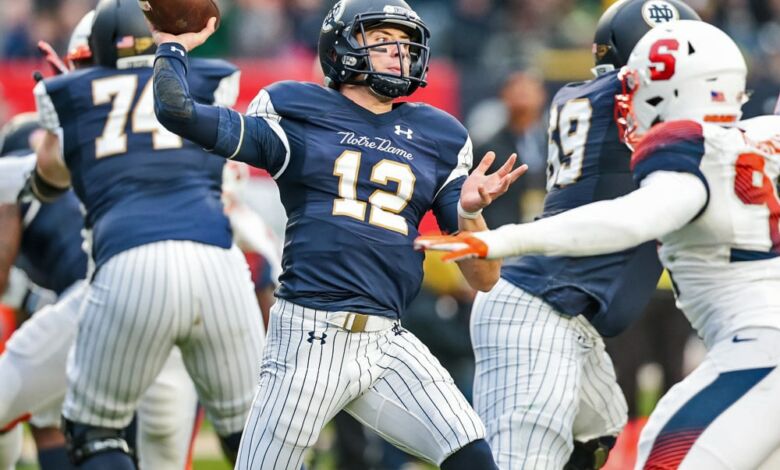 Notre Dame QB Ian Book in action vs. Syracuse in Yankee Stadium