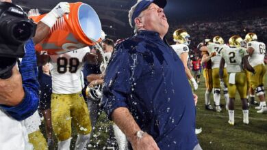 Notre Dame Heach Coach Brian Kelly gets showered in Gatorade after another perfect regular season.