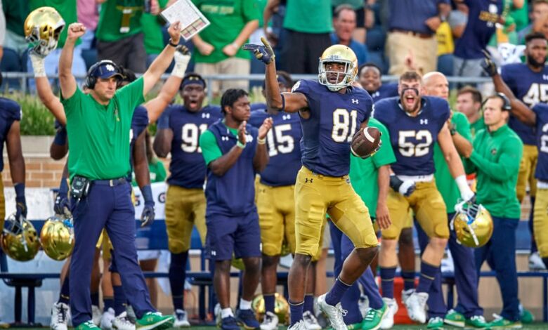 Notre Dame WR celebrates a first down during Notre Dame's win over Michigan earlier this year.