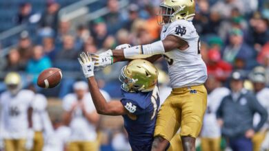 Notre Dame CB Temitope Agoro in action in the 2019 Blue Gold Game
