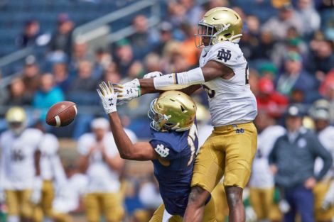 Notre Dame CB Temitope Agoro in action in the 2019 Blue Gold Game