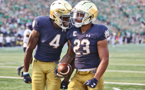 Notre Dame RB Kyren Williams & WR Kevin Austin celebrate.