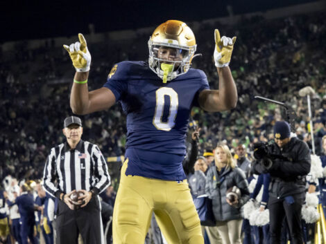 Notre Dame Fighting Irish wide receiver Deion Colzie (0) celebrates after scoring a touchdown
