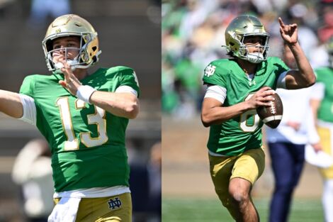 Notre Dame QBs CJ Carr (left) & Kenny Minchey (right) (Original images from Icon Sports Wire / James Black)