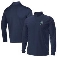 Notre Dame Releases New Leprechaun Collection for 2025 Football Season 4 Blue Notre Dame quarter zip with a Fighting Irish Leprechaun