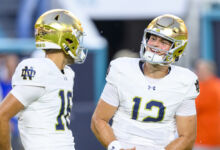 Notre Dame quarterback quarterback Blake Hebert (12) (Photo by Doug Murray/Icon Sportswire)