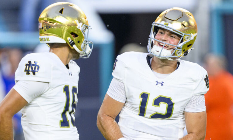 Notre Dame quarterback quarterback Blake Hebert (12) (Photo by Doug Murray/Icon Sportswire)
