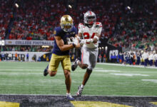Wide Receiver Jaden Greathouse #1 of the Notre Dame Fighting Irish runs with the ball for a touchdown.
