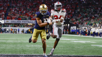 Wide Receiver Jaden Greathouse #1 of the Notre Dame Fighting Irish runs with the ball for a touchdown.