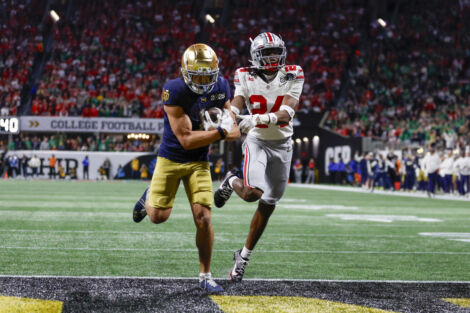 Wide Receiver Jaden Greathouse #1 of the Notre Dame Fighting Irish runs with the ball for a touchdown.
