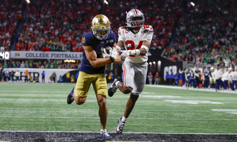 Wide Receiver Jaden Greathouse #1 of the Notre Dame Fighting Irish runs with the ball for a touchdown.