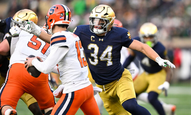 Notre Dame Fighting Irish LB Drayk Bowen (34) during a college football game between the Syracuse Orange and Notre Dame Fighting Irish on November 22, 2025 at Notre Dame Stadium in South Bend, IN. (Photo by James Black/Icon Sportswire)
