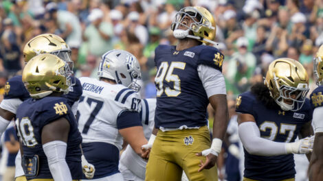 Notre Dame Fighting Irish defensive lineman Bryce Young (95) reacts after tackling Rice Owls quarterback Jacurri Brown (11) during the game between the Rice Owls and the Notre Dame Fighting Irish on September 12, 2026 at Notre Dame Stadium in South Bend, Indiana. (Photo by Joseph Weiser/Icon Sportswire)