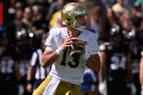 WEST LAFAYETTE, IN - SEPTEMBER 26: Notre Dame Fighting Irish quarterback CJ Carr (13) looks downfield during the college football game between the Purdue Boilermakers and Notre Dame Fighting Irish on September 26, 2026, at Ross-Ade Stadium in West Lafayette, IN. (Photo by Zach Bolinger/Icon Sportswire)