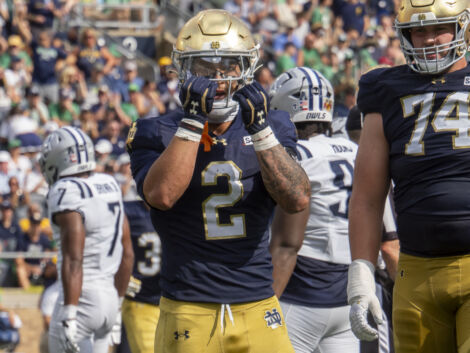 Notre Dame Fighting Irish running back Nolan James Jr. (2) celebrates after scoring a touchdown during the game between the Rice Owls and the Notre Dame Fighting Irish on September 12, 2026 at Notre Dame Stadium in South Bend, Indiana. (Photo by Joseph Weiser/Icon Sportswire)
