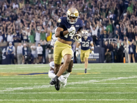 SOUTH BEND, IN - SEPTEMBER 19: Notre Dame Fighting Irish wide receiver Micah Gilbert (14) runs the ball after catching a pass during the game between the Michigan State Spartans and the Notre Dame Fighting Irish on September 19, 2026 at Notre Dame Stadium in South Bend, Indiana. (Photo by Joseph Weiser/Icon Sportswire)