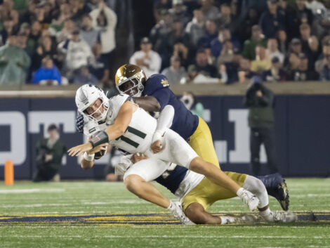 SOUTH BEND, IN - SEPTEMBER 19: Notre Dame Fighting Irish DT Armel Mukam (88) sacks Michigan State Spartans quarterback Alessio Milivojevic (11) during the game between the Michigan State Spartans and the Notre Dame Fighting Irish on September 19, 2026 at Notre Dame Stadium in South Bend, Indiana. (Photo by Joseph Weiser/Icon Sportswire)