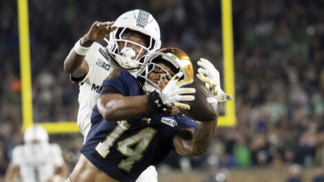 SOUTH BEND, IN - SEPTEMBER 19: Notre Dame Fighting Irish wide receiver Micah Gilbert (14) catches the ball during the game between the Michigan State Spartans and the Notre Dame Fighting Irish on September 19, 2026 at Notre Dame Stadium in South Bend, Indiana. (Photo by Joseph Weiser/Icon Sportswire)